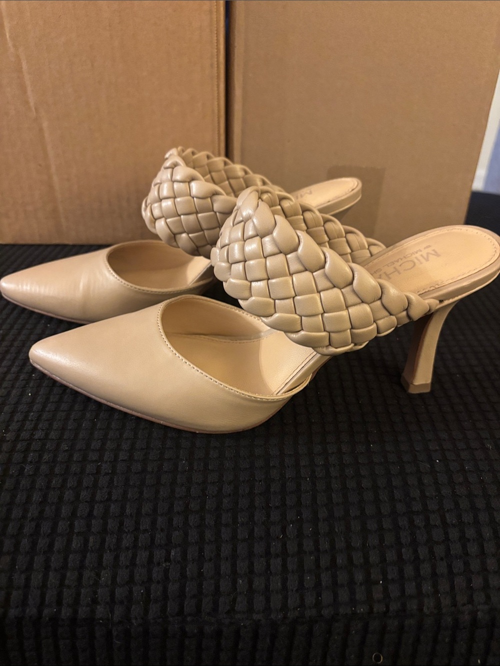 Michael Shannon Beige Woven Strap Pointed Toe Heels